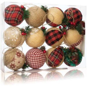 12 Pcs Burlap Christmas Ball Ornaments, Rustic Farmhouse Christmas Tree Ornament